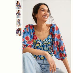 Anthropologie Blue Floral Puff-Sleeve Knot Front